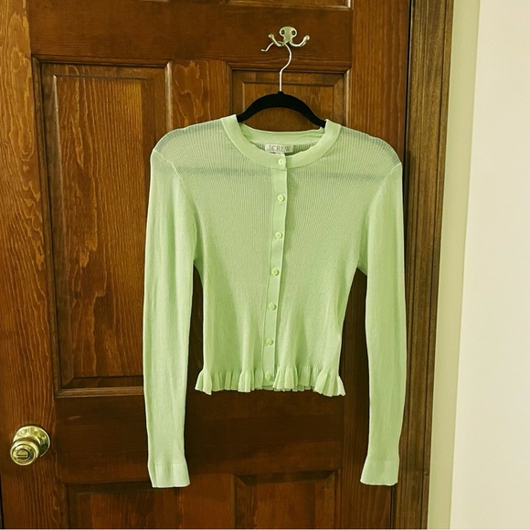J. CREW Ruffle Trim Cotton Gauze Cardigan Soft Lettuce Green NWT Size M - Picture 2 of 4